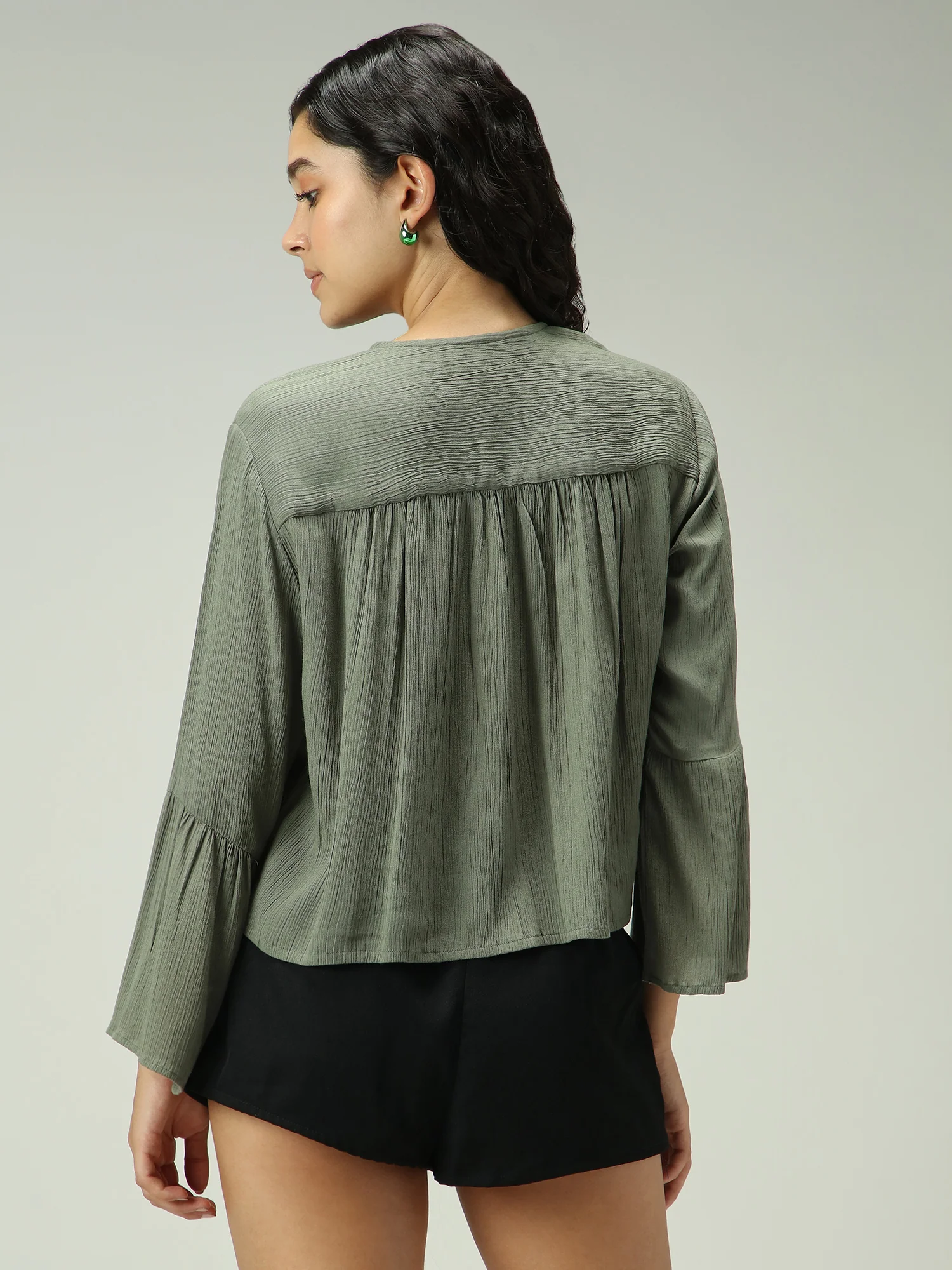 Olive Basic Cropped V Neck Top - Image 2