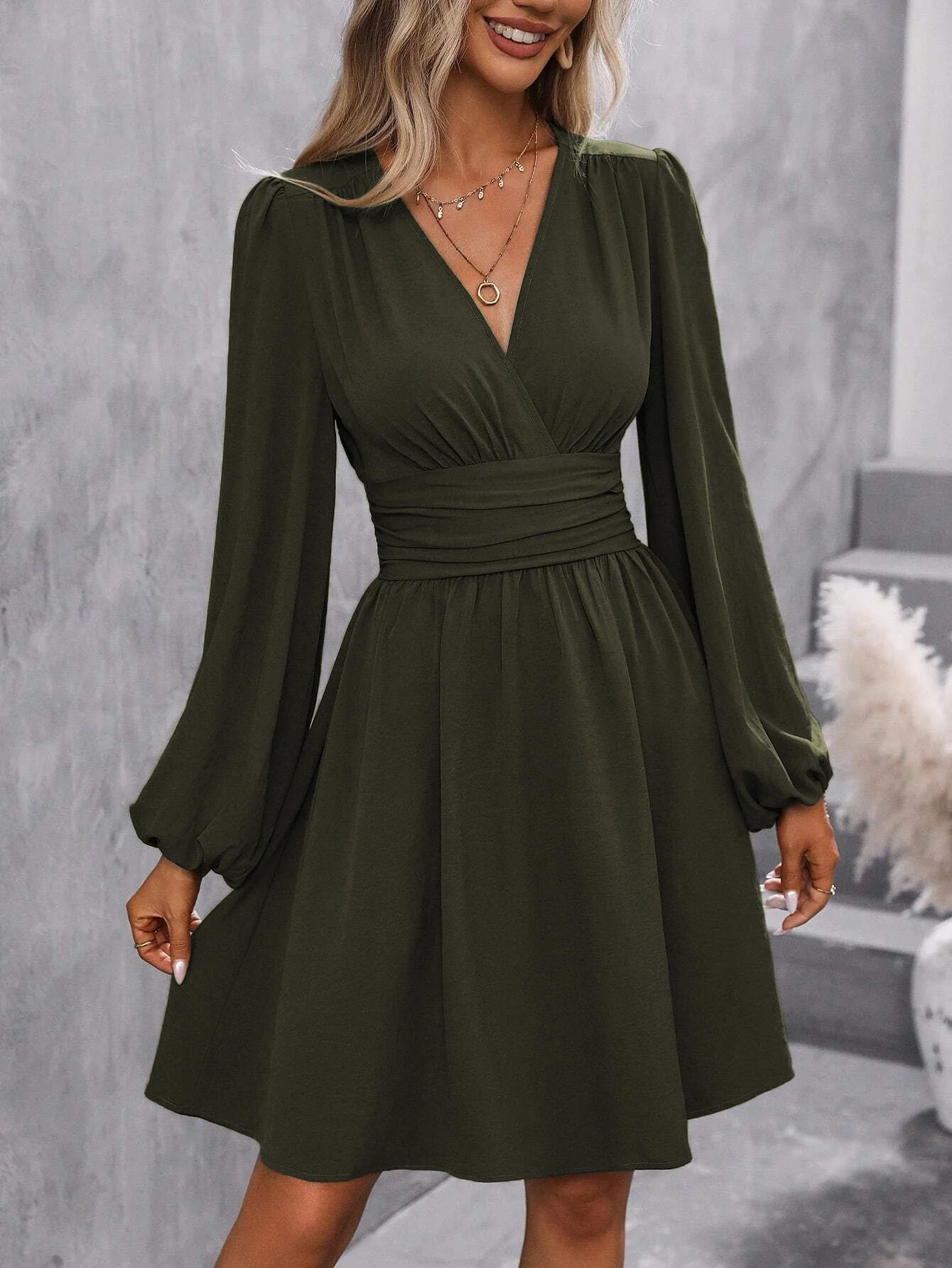 Olive Bishop Sleeve V Neck Dress - Image 3