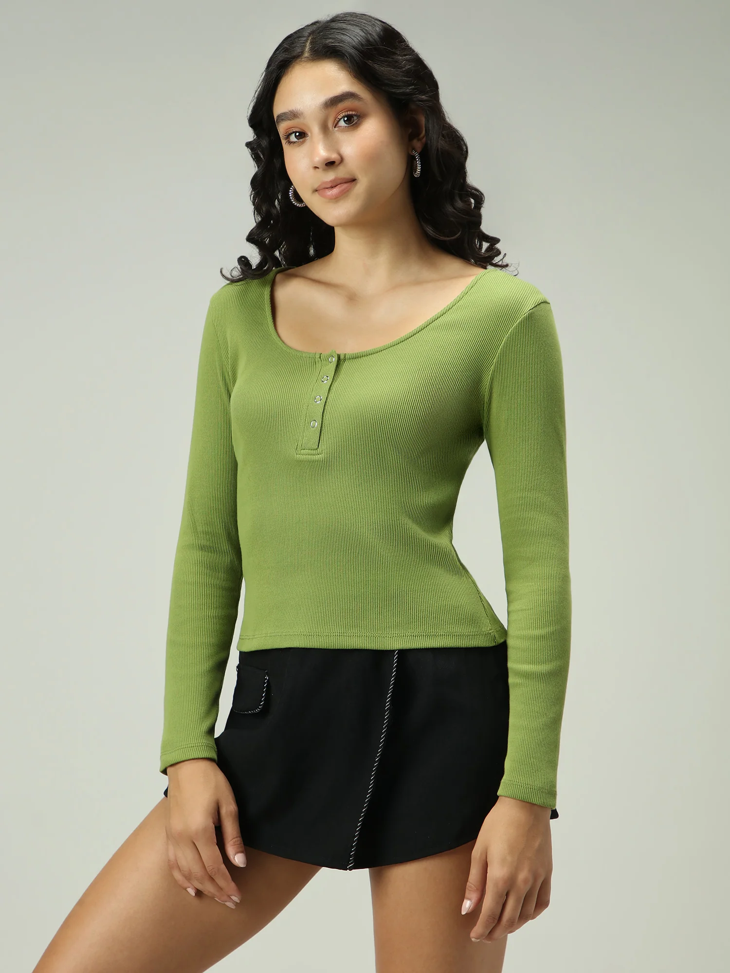 Olive Button Down Ribbed Knit Top - Image 6