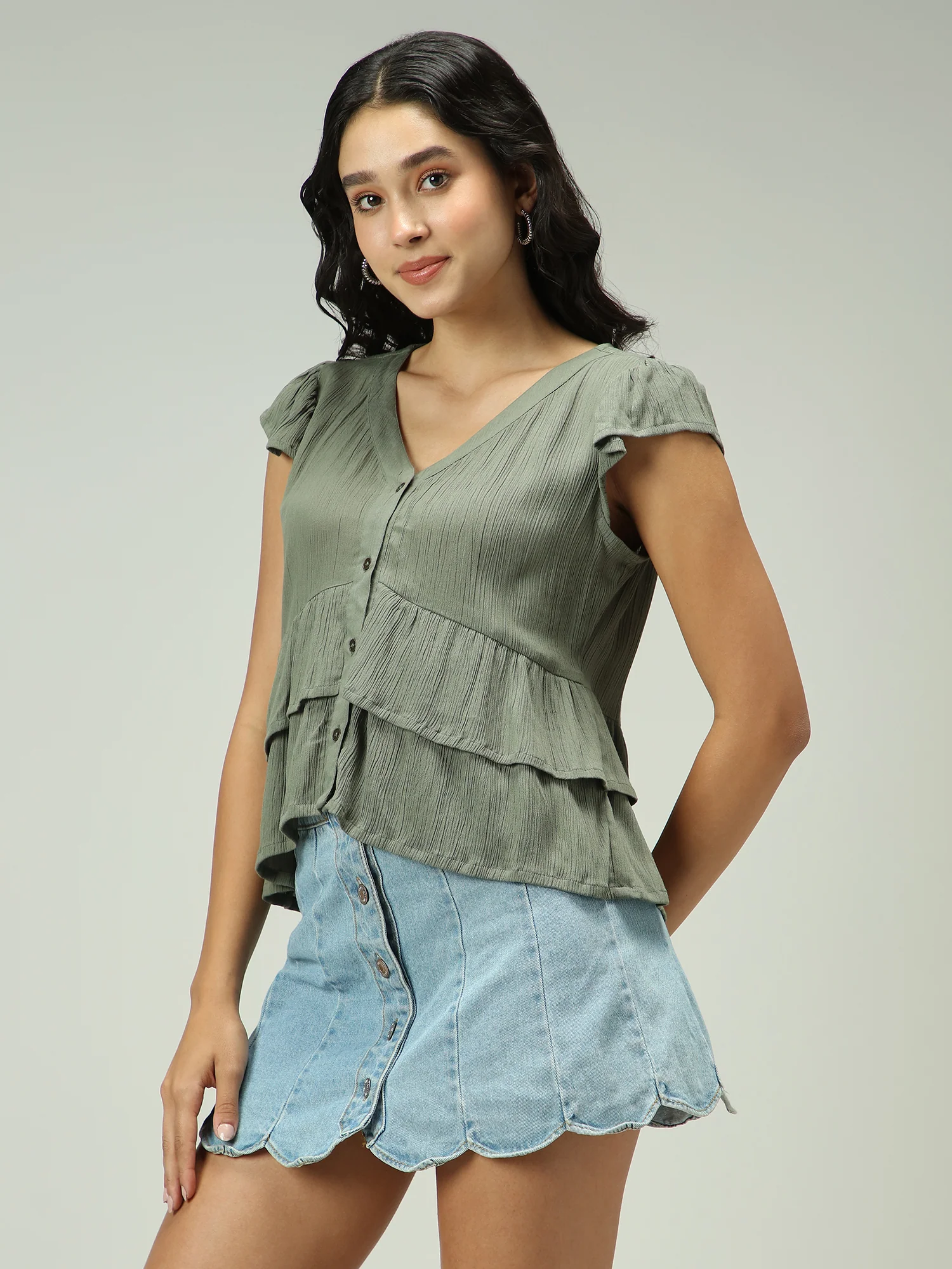 Olive Button Down Tiered Top - Image 4