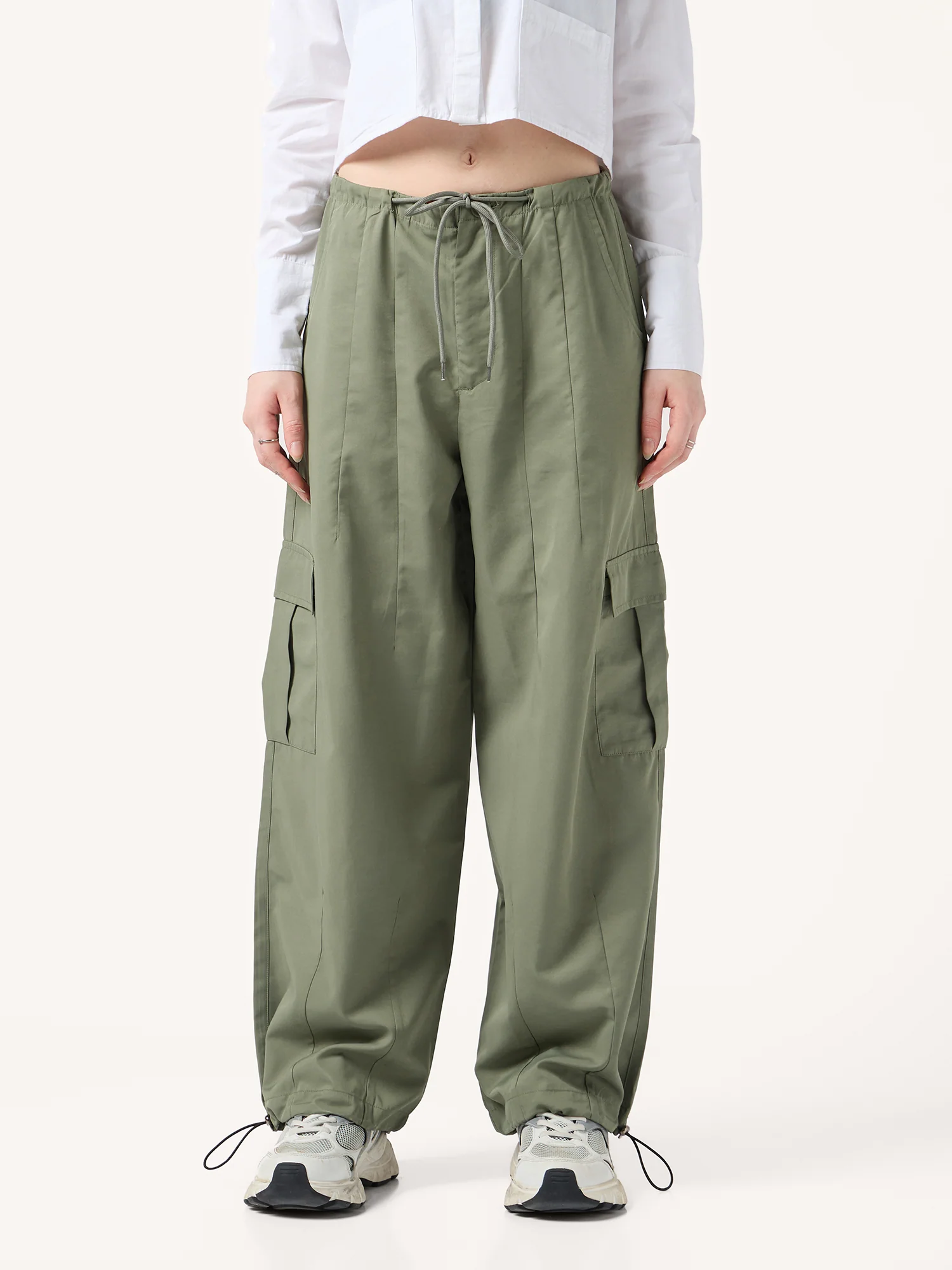 Olive Cargo Pockets Drawstring Wid Leg Trouser - Image 6