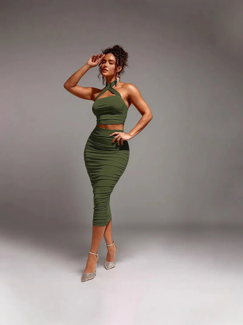 Olive Cross Over Halter Neck Ruched Top & Skirt Set - Image 8