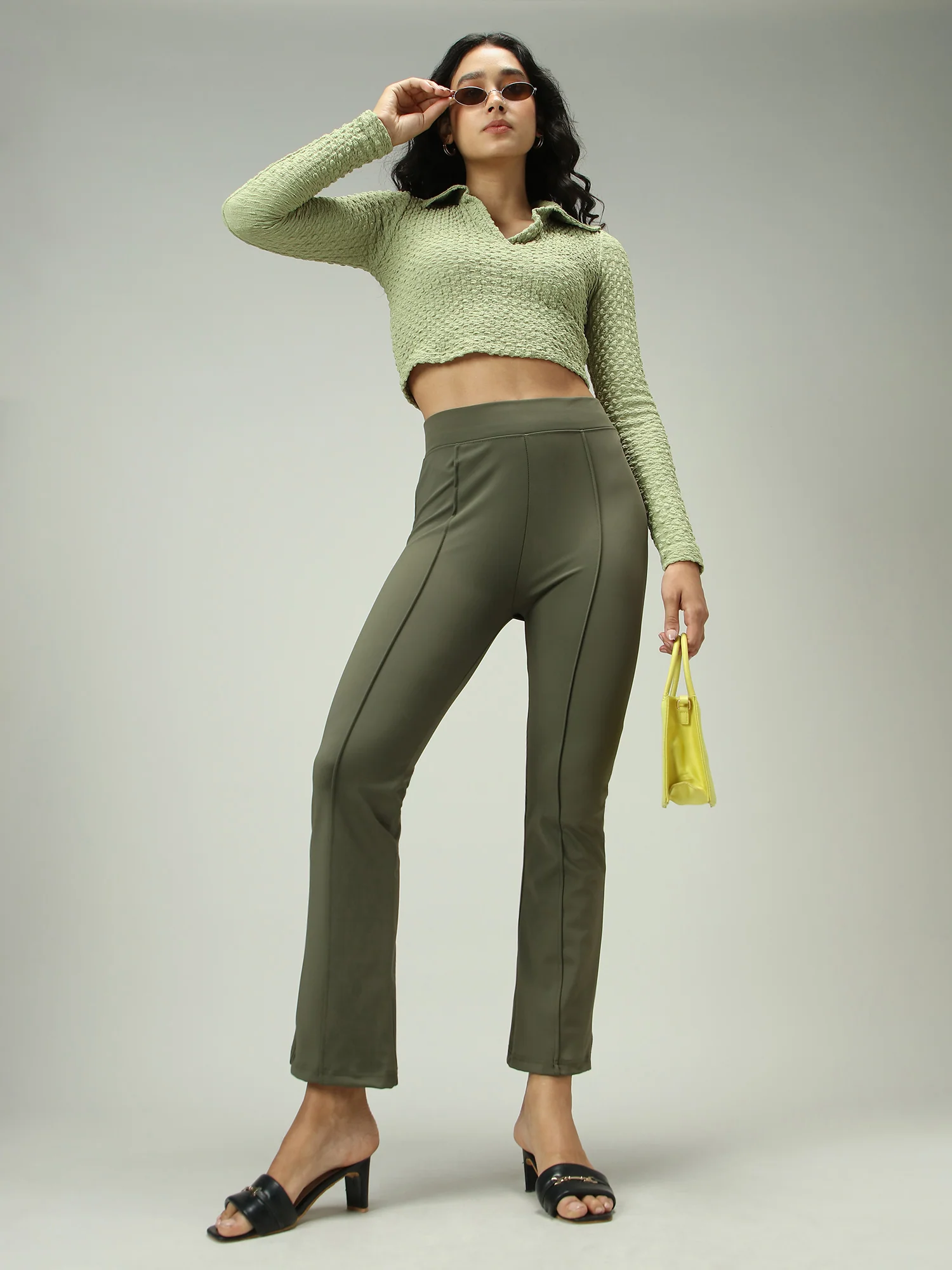 Olive Fitted Flared Leggings - Image 3