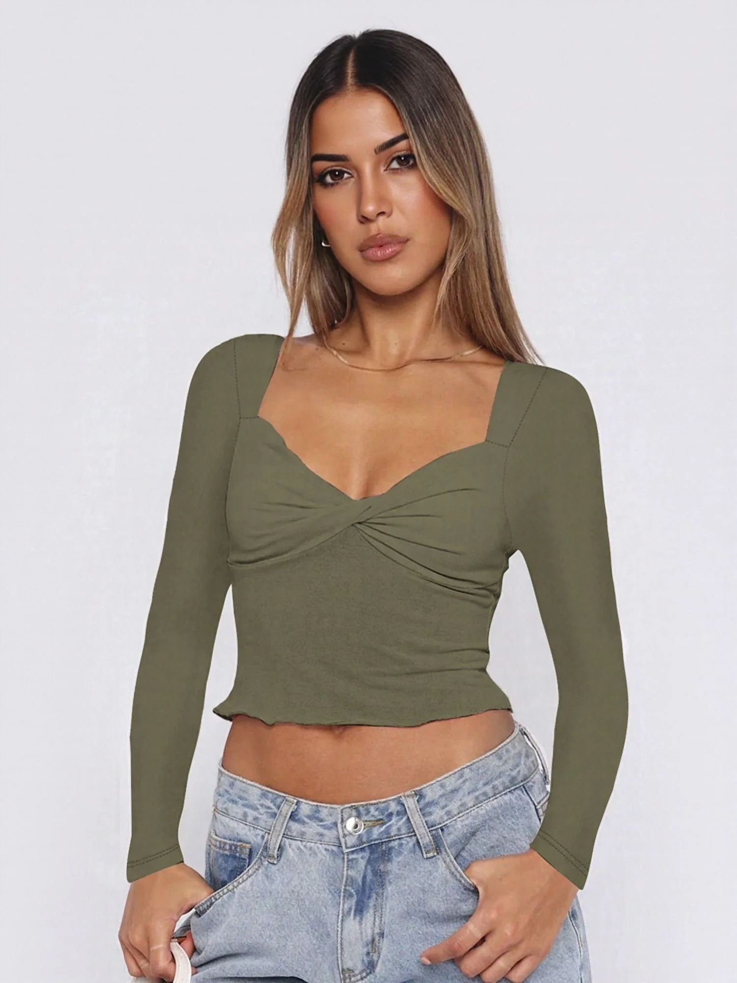 Olive Fitted Knit Top With Twist Detail At Front