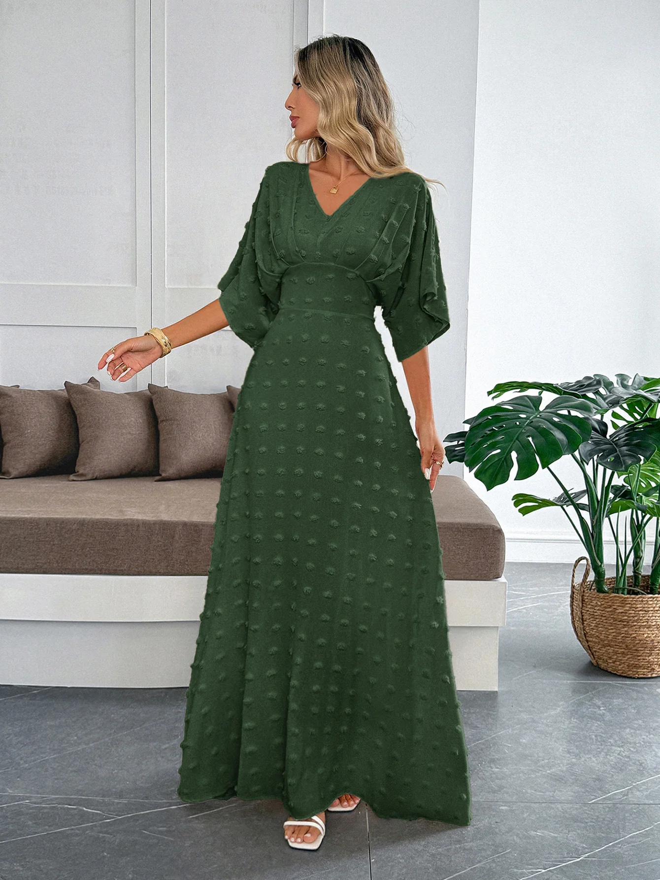 Olive Flare Sleeve V Neck Dress