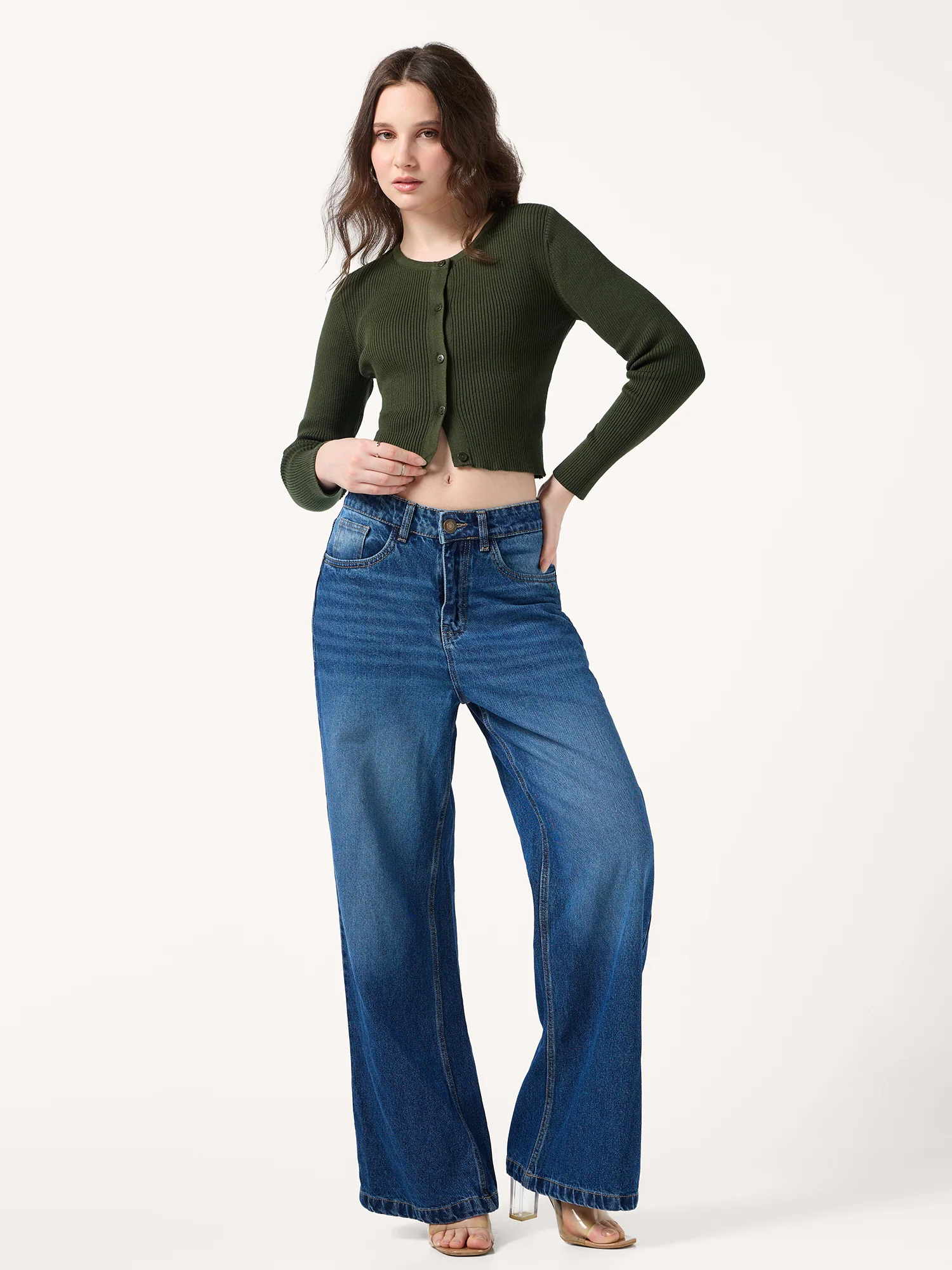 Olive Flat Knit Button Down Knit Top - Image 4