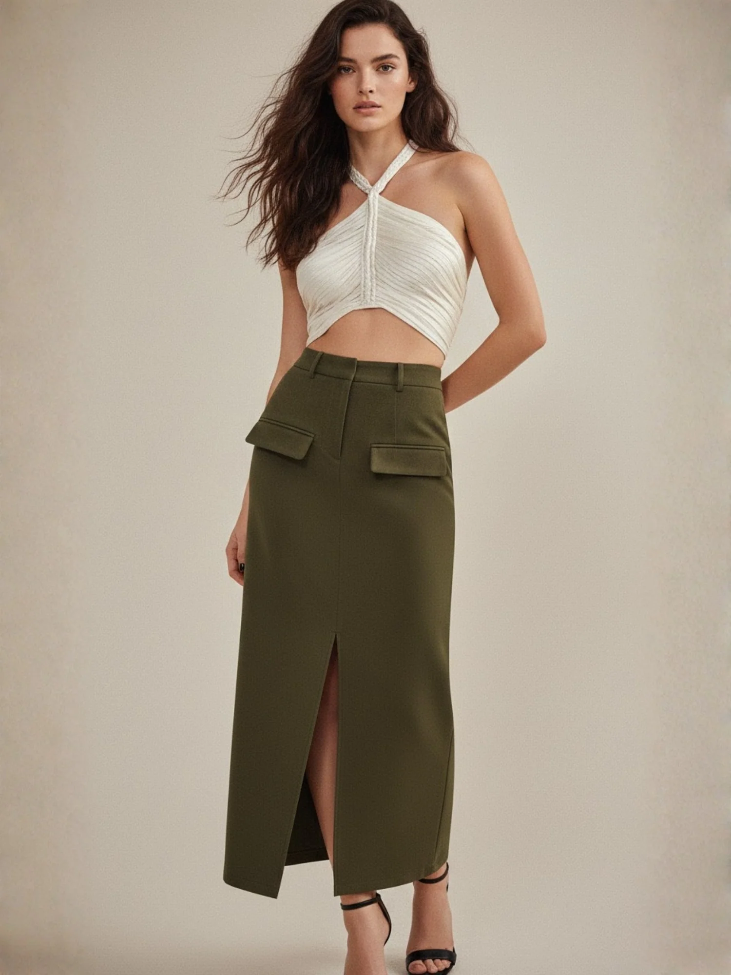 Olive Front Pocket With Pocket Midi Skirt - Image 2