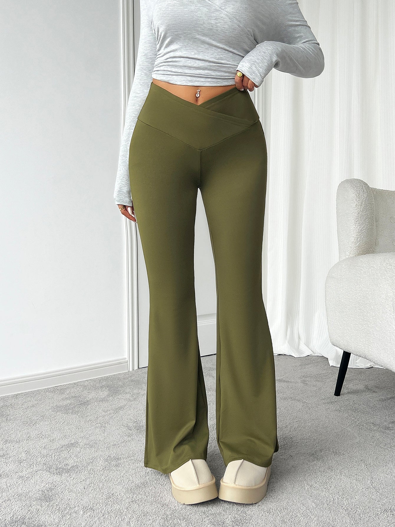 Olive Full Length Flared Leggings