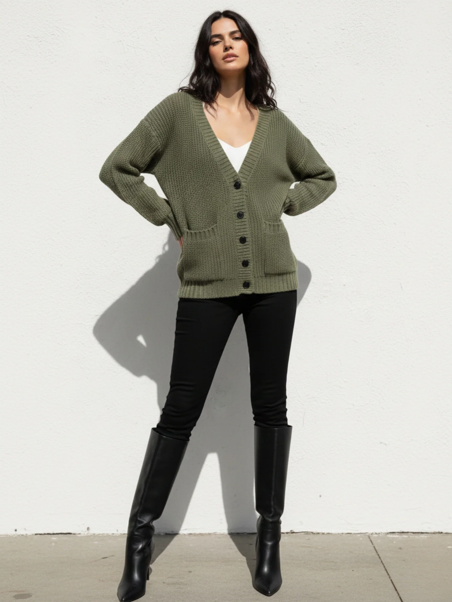 Olive Full Sleeve Double Pockets Slouchy Cardigans - Image 2