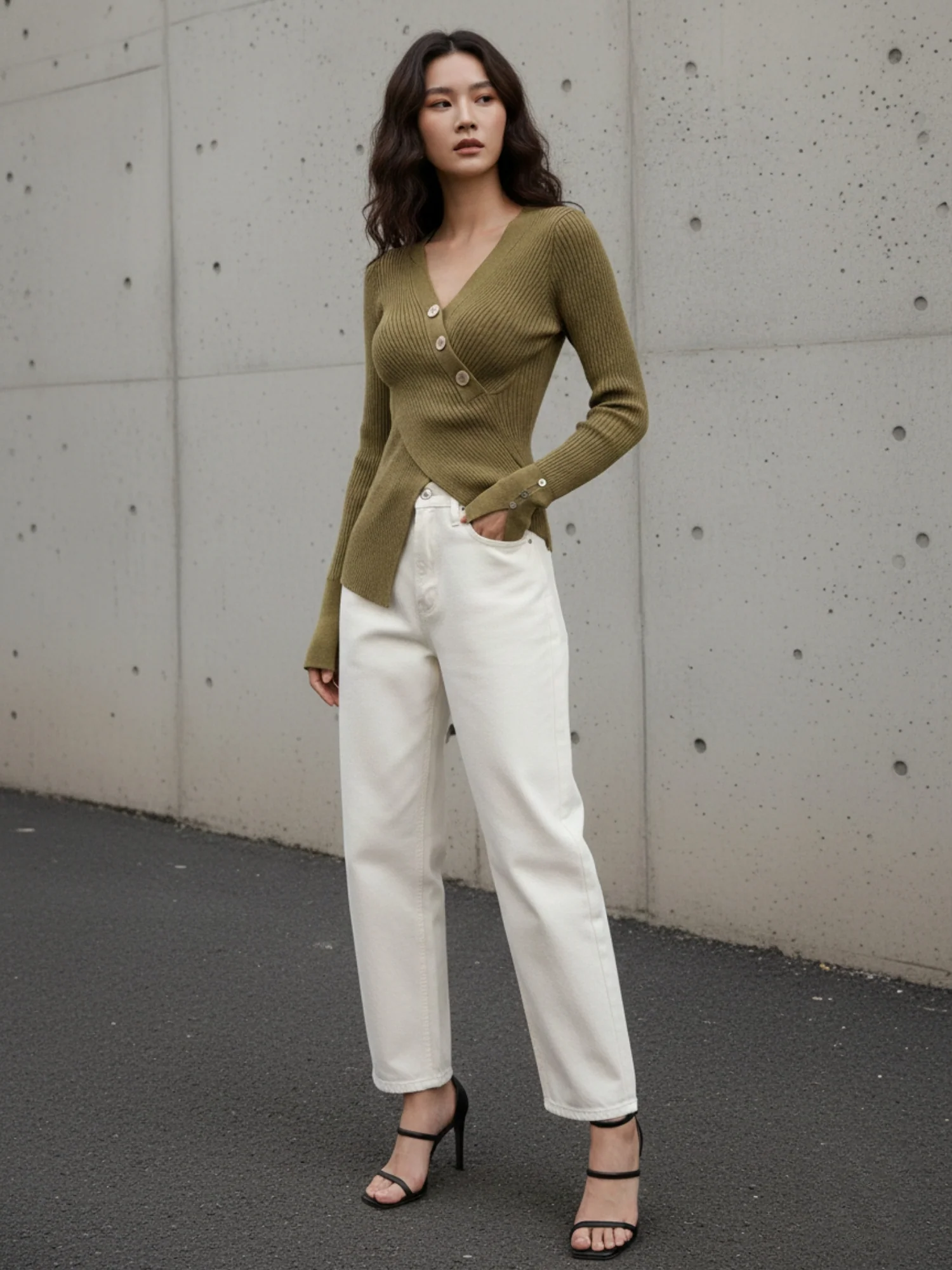 Olive Full Sleeve Wrap Asymmetrical Hem Top - Image 3