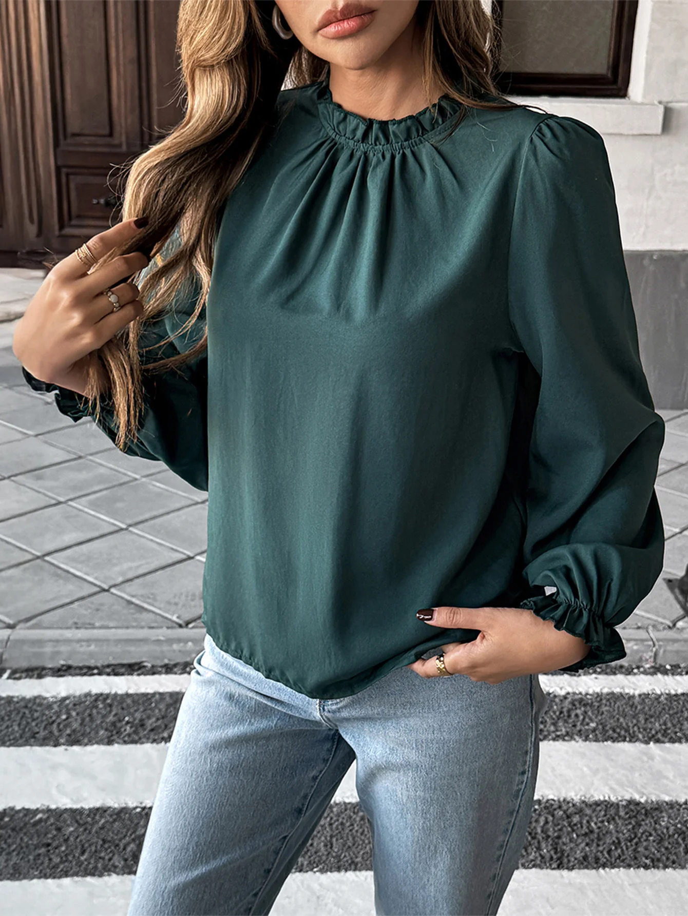 Olive Full Sleeved Ruffle Detail Top - Image 3