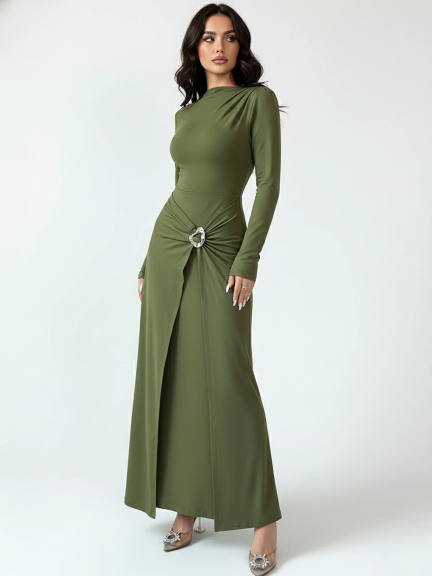 Olive High Neck Metal Trim At Waist Dress