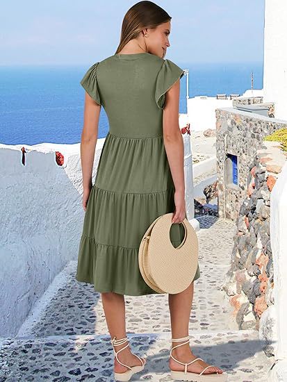 Olive High V Neck Tiered Dress With Pockets - Image 2