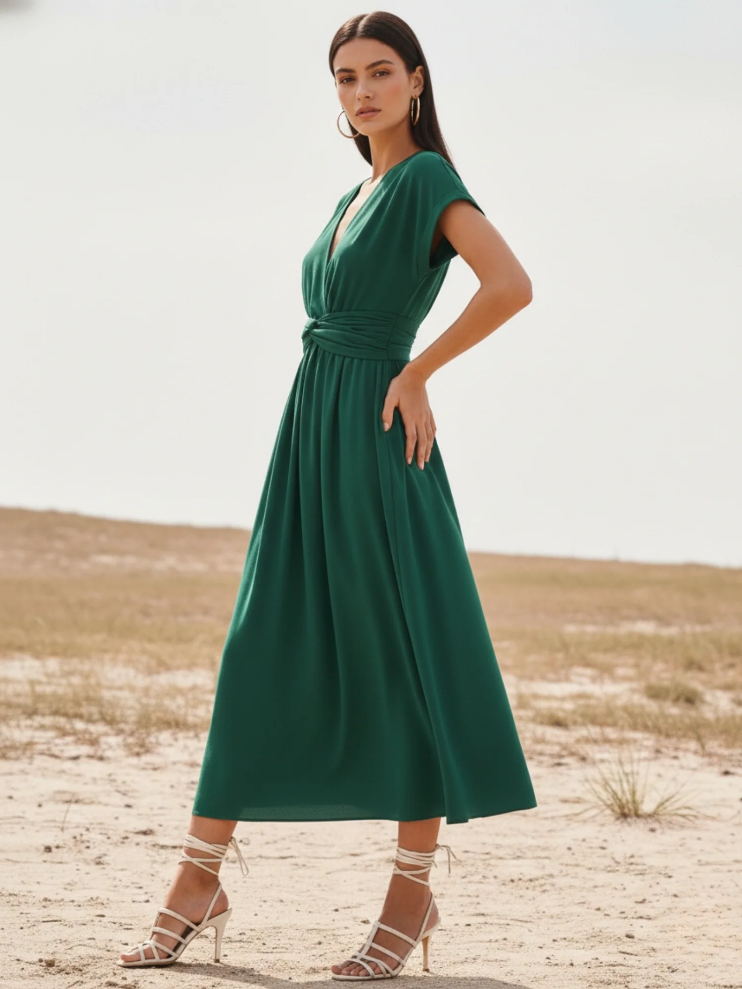 Olive Plunge Neck Twisted Knot Waist Detail Dress - Image 3