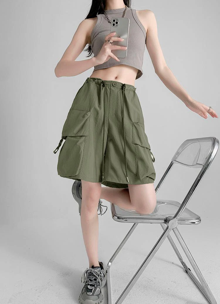 Olive Relaxed Fit Drawstring Cargo Shorts - Image 2