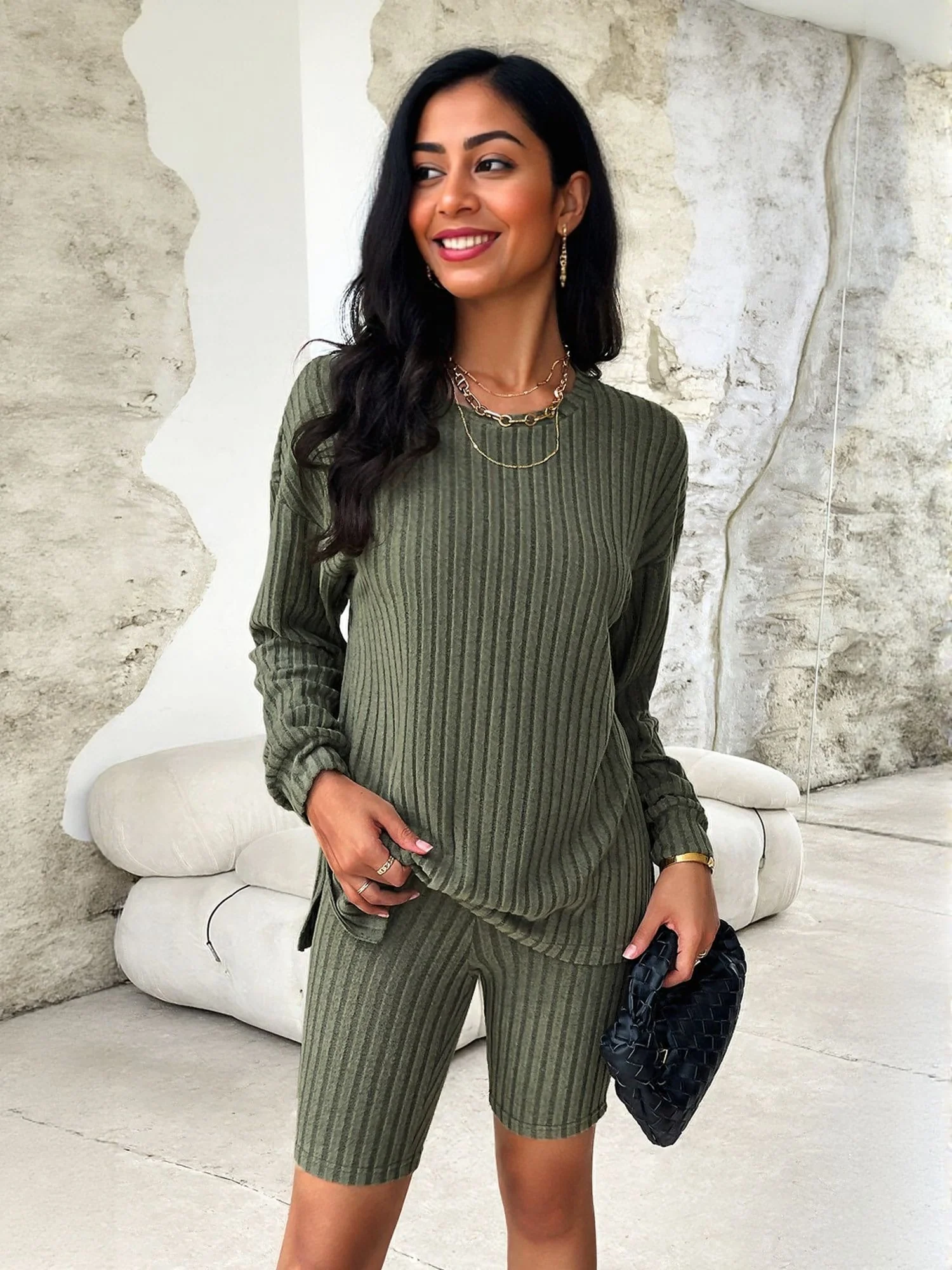 Olive Ribbed Co Ord Set With Cycling Shorts - Image 2
