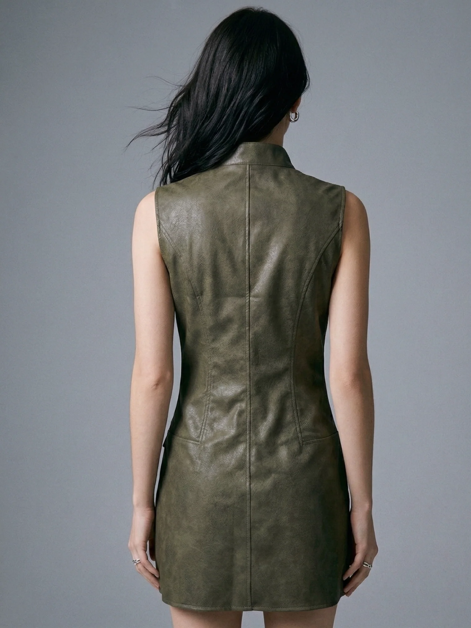 Olive Sleeveless Fitted Pu Dress - Image 4