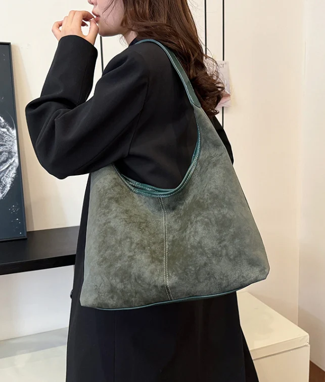 Olive Smooth Crescent Zip-Up Hobo - Image 2
