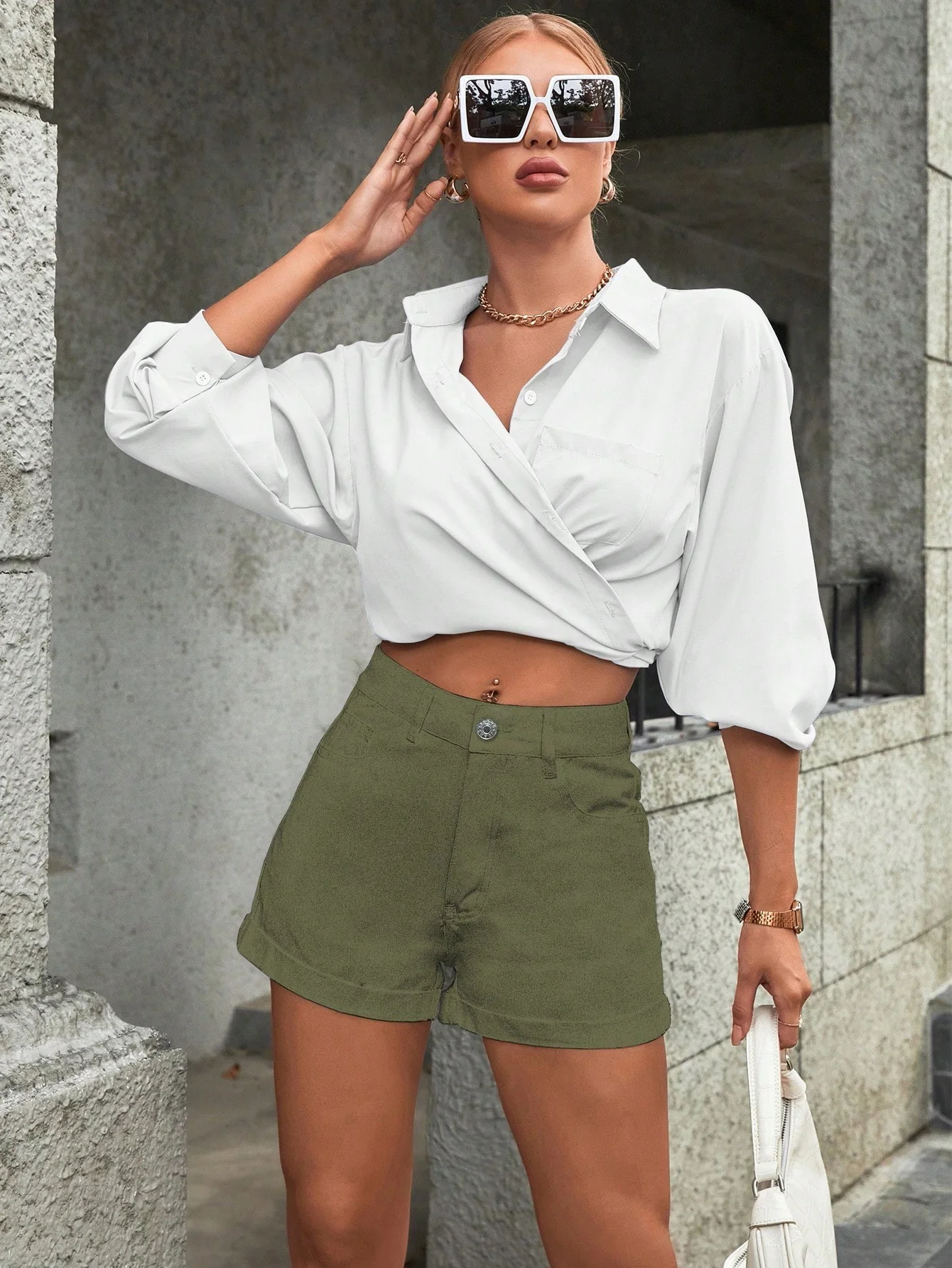 Olive Solid Fitted Shorts - Image 2