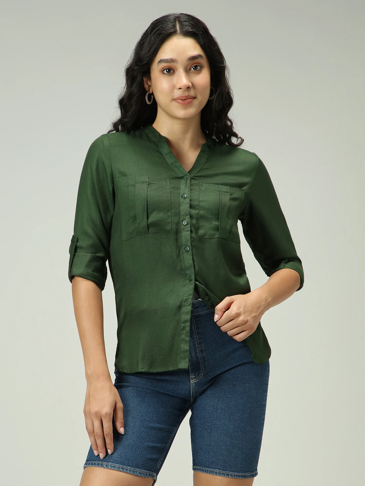 Olive Solid V Neck Shirt - Image 4