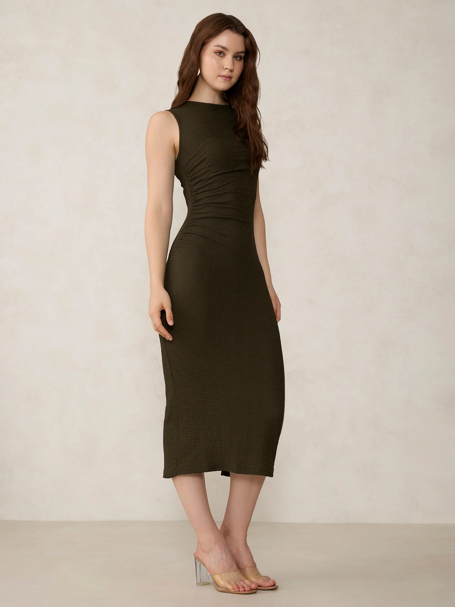 Olive Textured Knit Midi Dress - Image 4