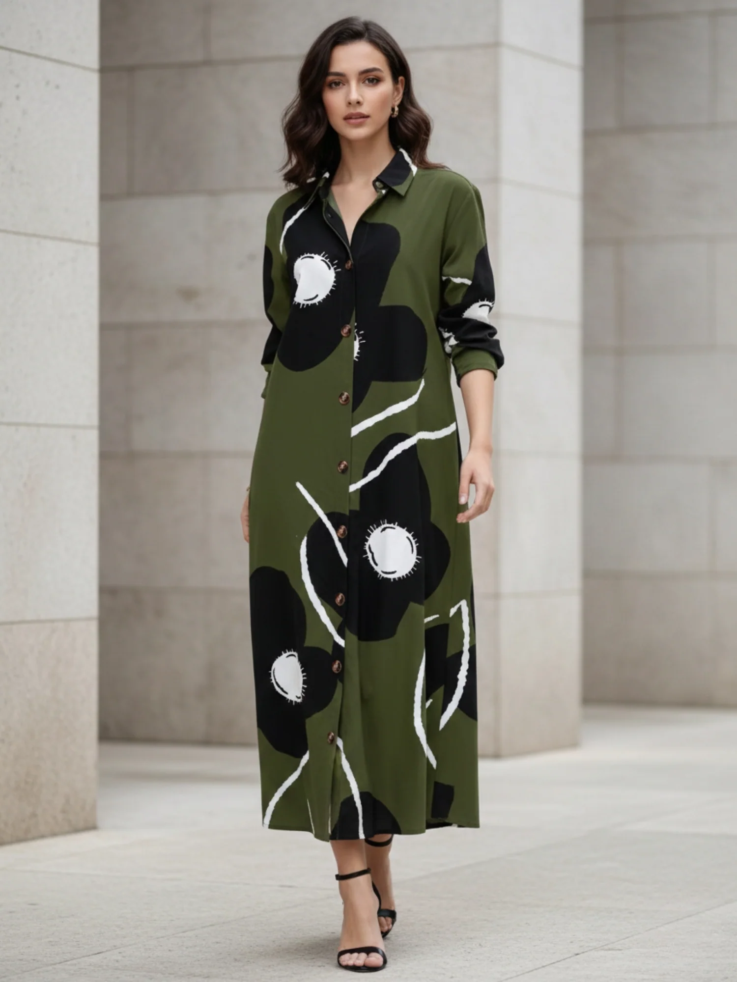 Olive Three- Fourth Sleeve Collared Neck Printed Dress - Image 2