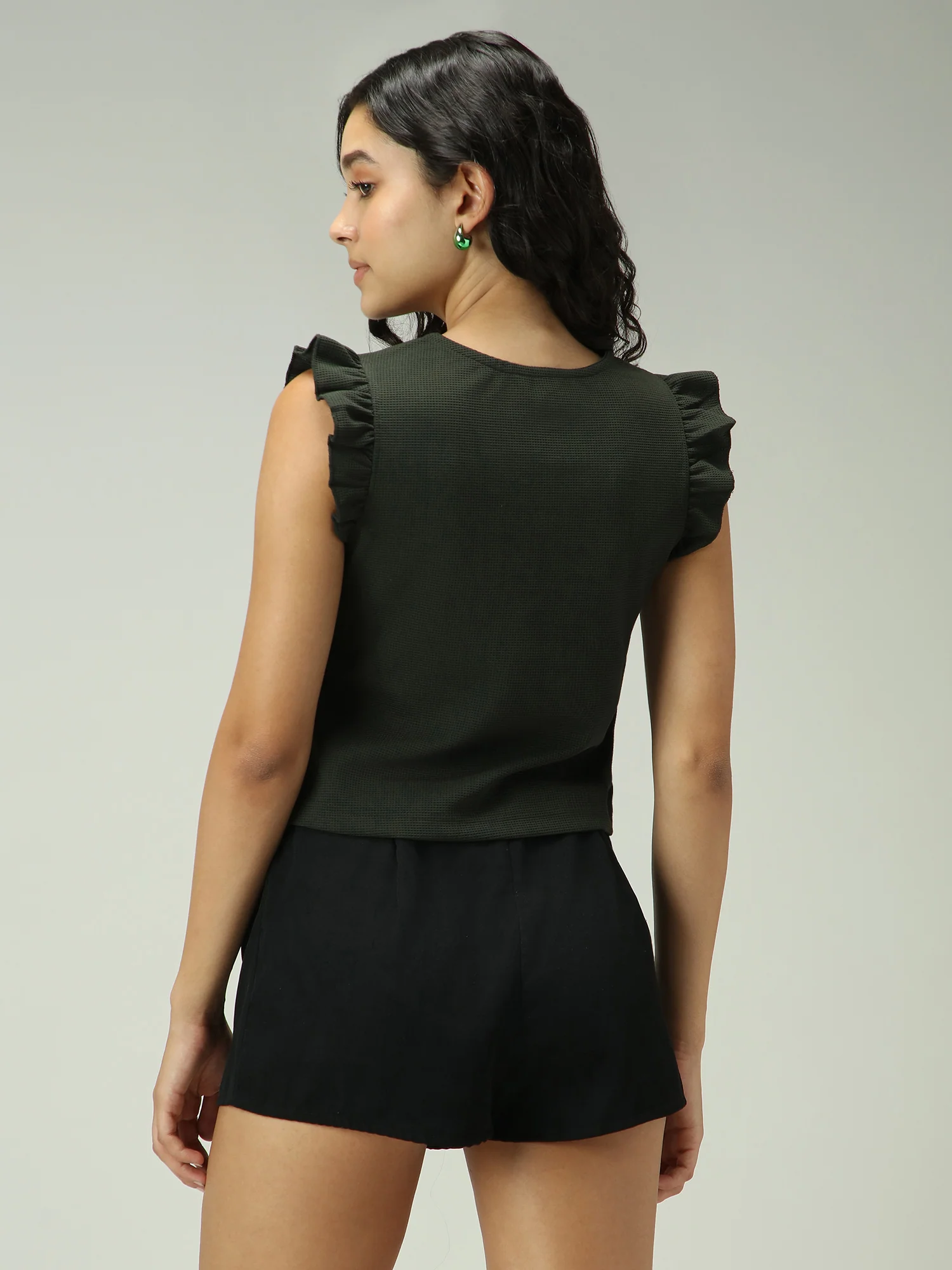 Olive V Neck Ruffled Short Sleeves Top - Image 2