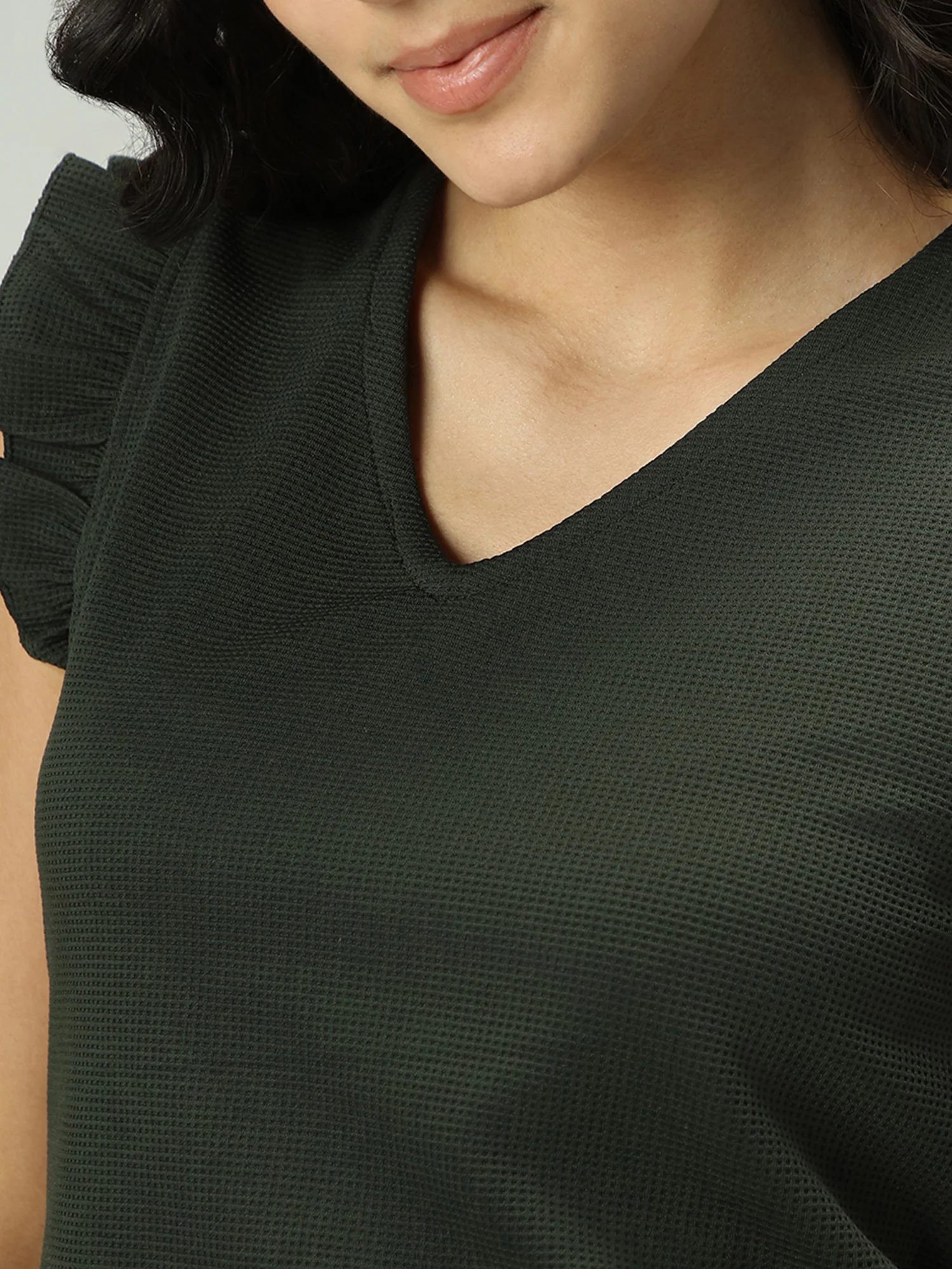Olive V Neck Ruffled Short Sleeves Top - Image 4