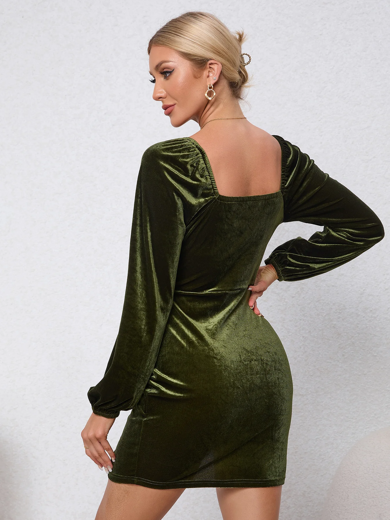 Olive Wrap Hem Velour Dress - Image 2