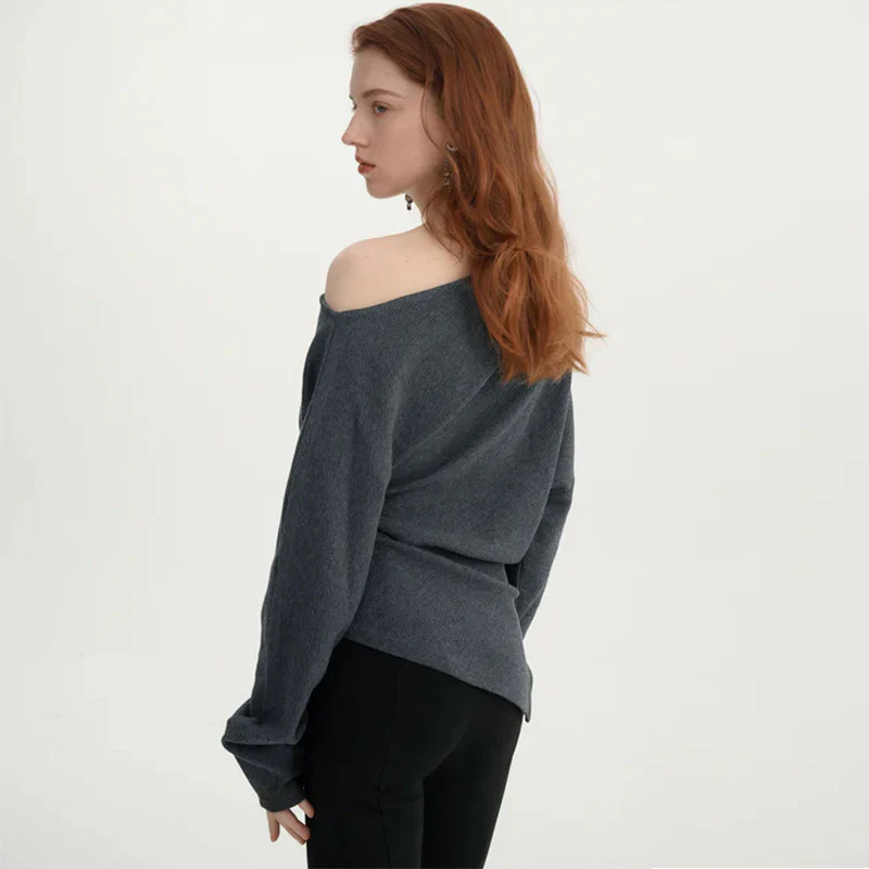 One Shoulder Long Sleeves, Uneven Hem Fitted Top - Image 3