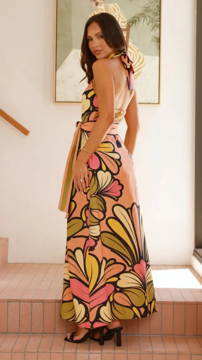 Orange Abstract Printed Cross Halter Neck Dress - Image 2