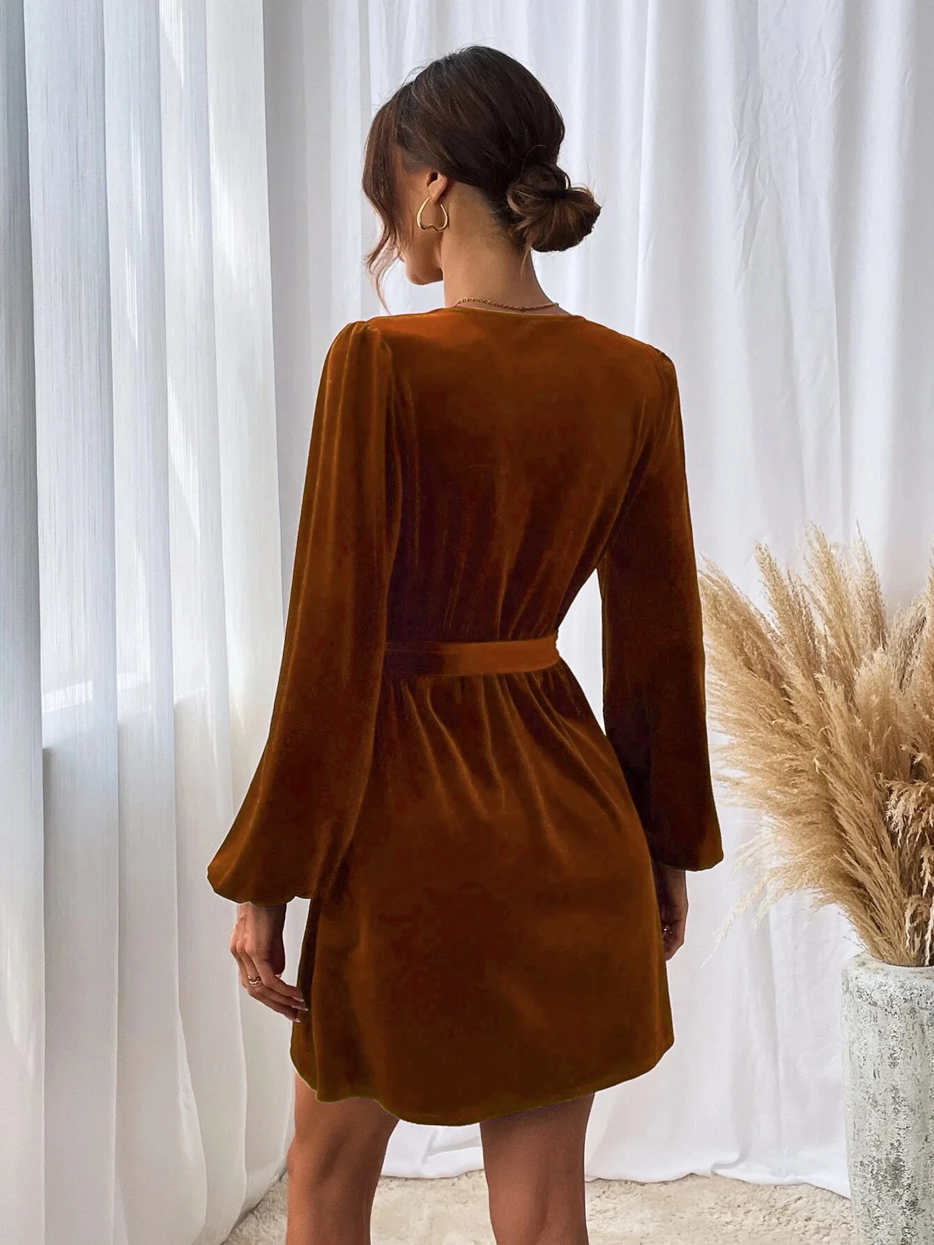 Orange Bishop Sleeve Front Tie-Up Dress - Image 2