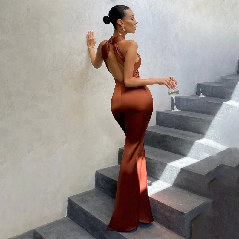 Orange Cross Halter Satin Dress - Image 2