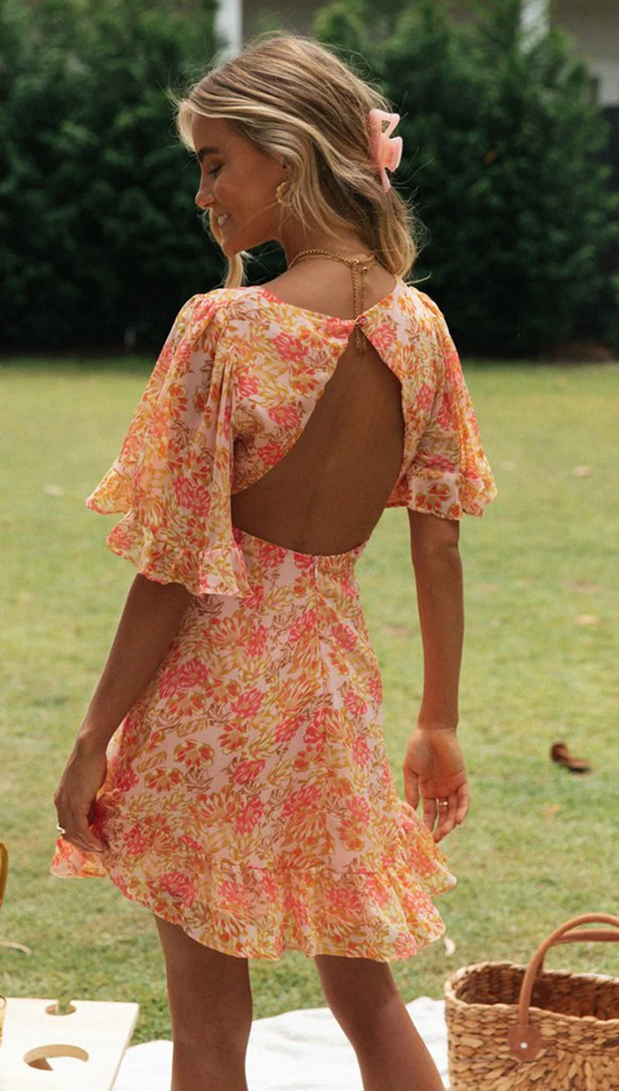 Orange Deep V Neck Printed Flutter Sleeves Dress - Image 2