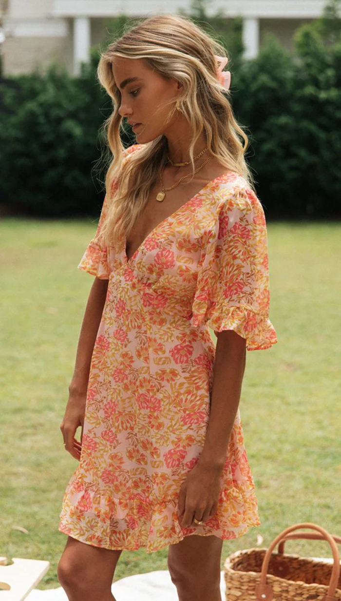 Orange Deep V Neck Printed Flutter Sleeves Dress - Image 3