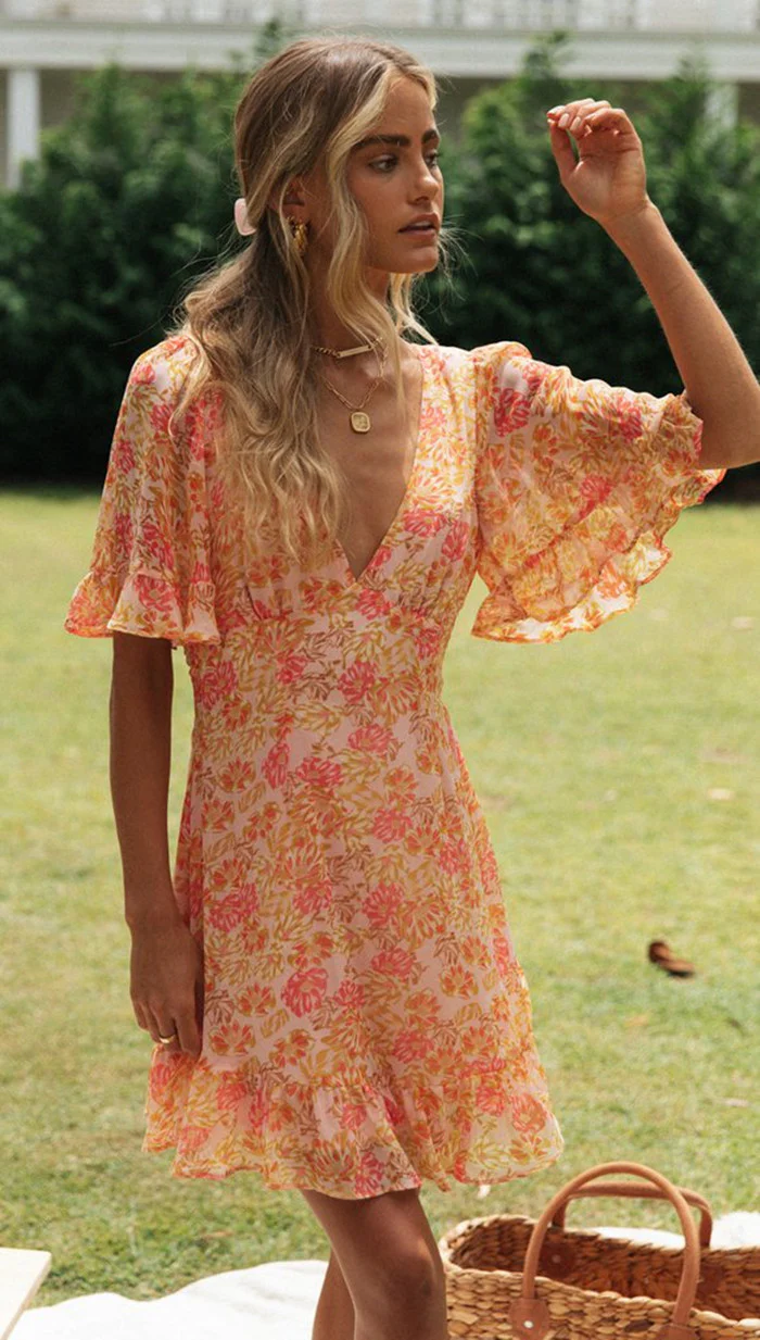 Orange Deep V Neck Printed Flutter Sleeves Dress - Image 4
