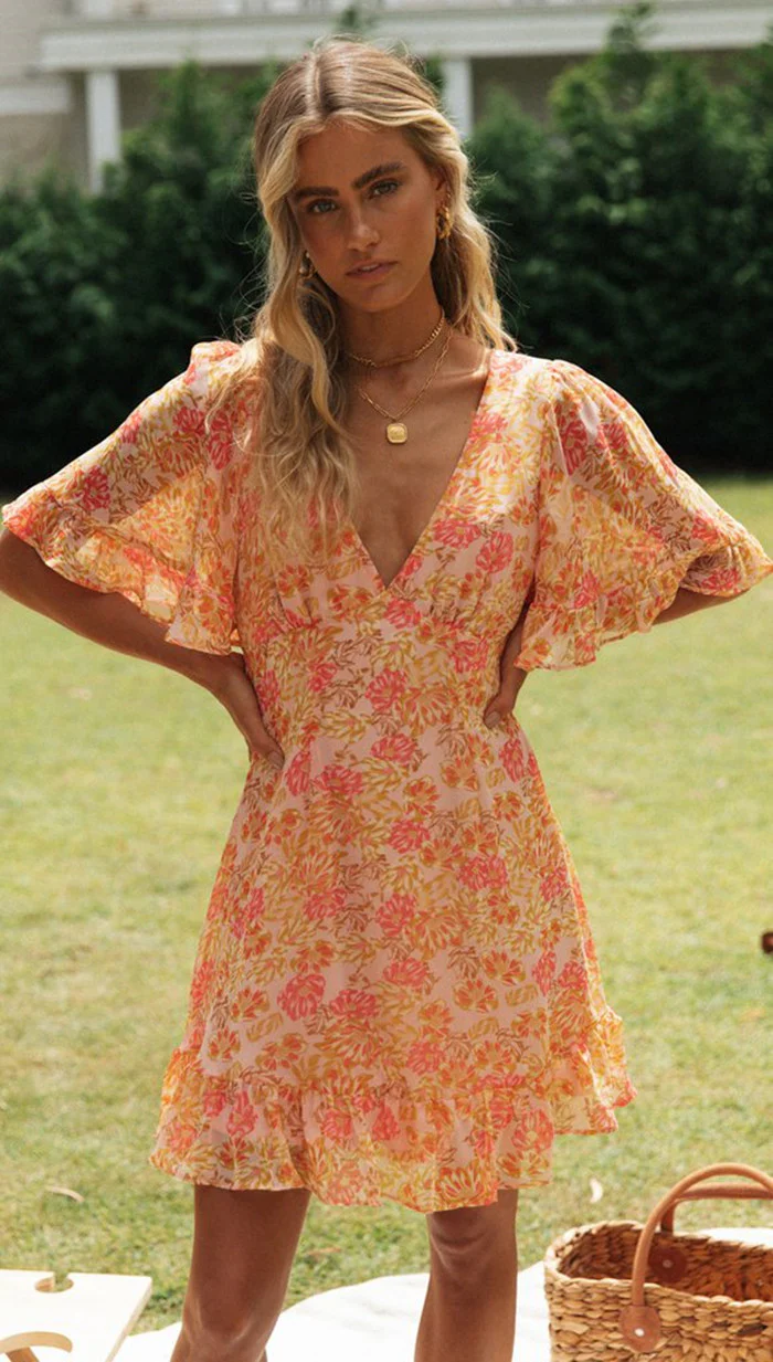 Orange Deep V Neck Printed Flutter Sleeves Dress - Image 5