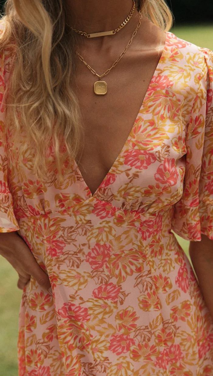 Orange Deep V Neck Printed Flutter Sleeves Dress - Image 7