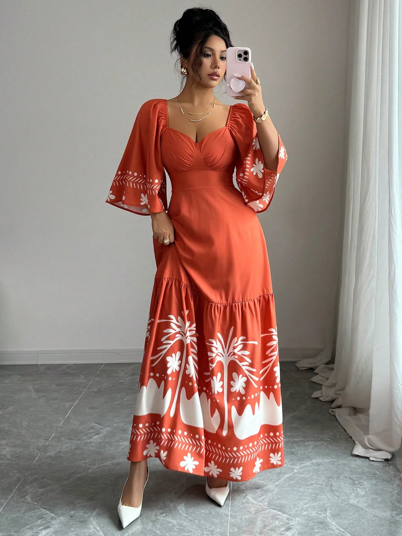 Orange Floral Print Puff Sleeve Dress - Image 3