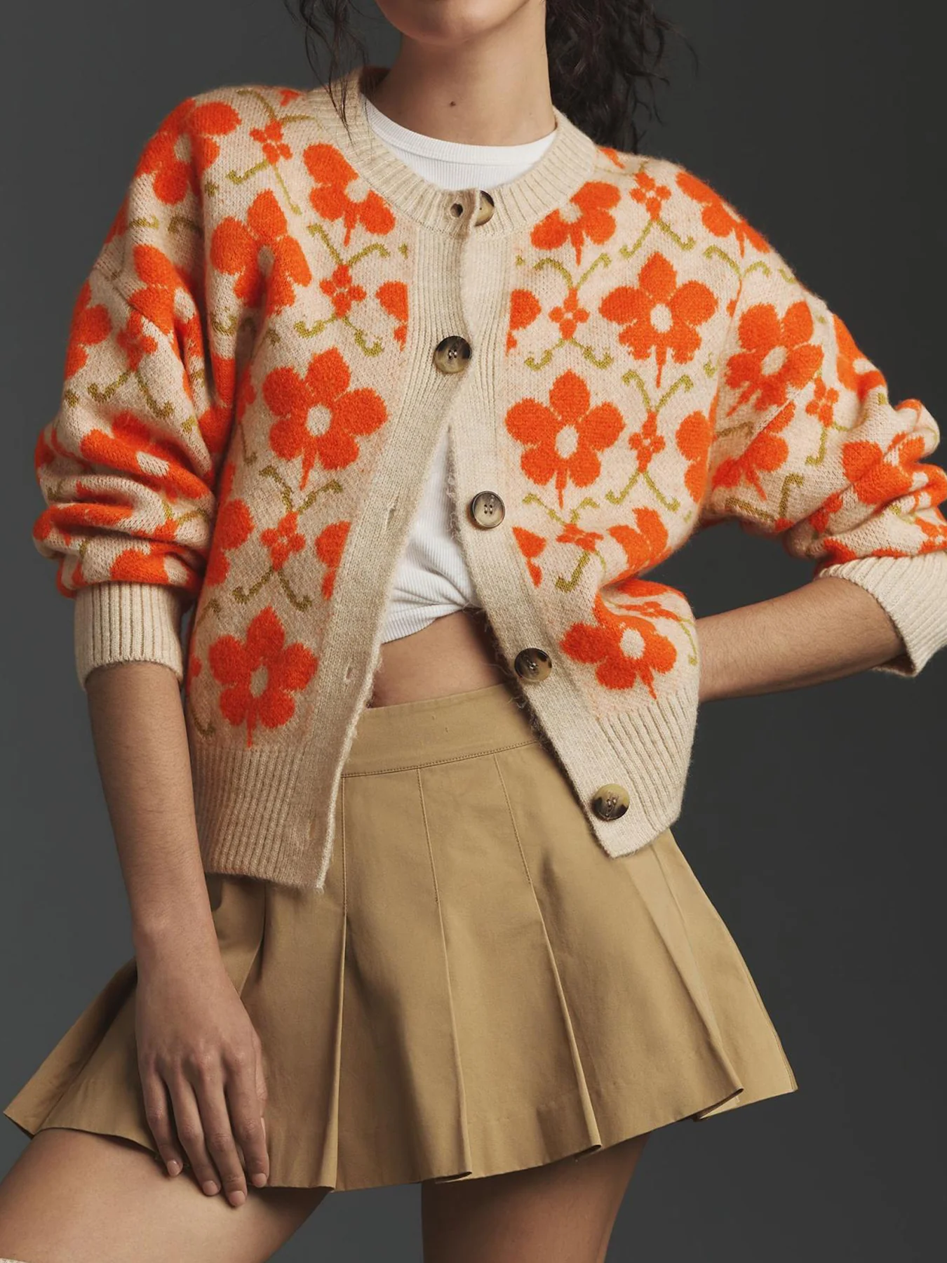 Orange Full Sleeves Printed Slouchy Cardigan