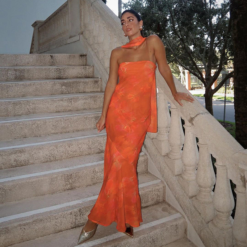 Orange Printed Tube Maxi Dress - Image 2