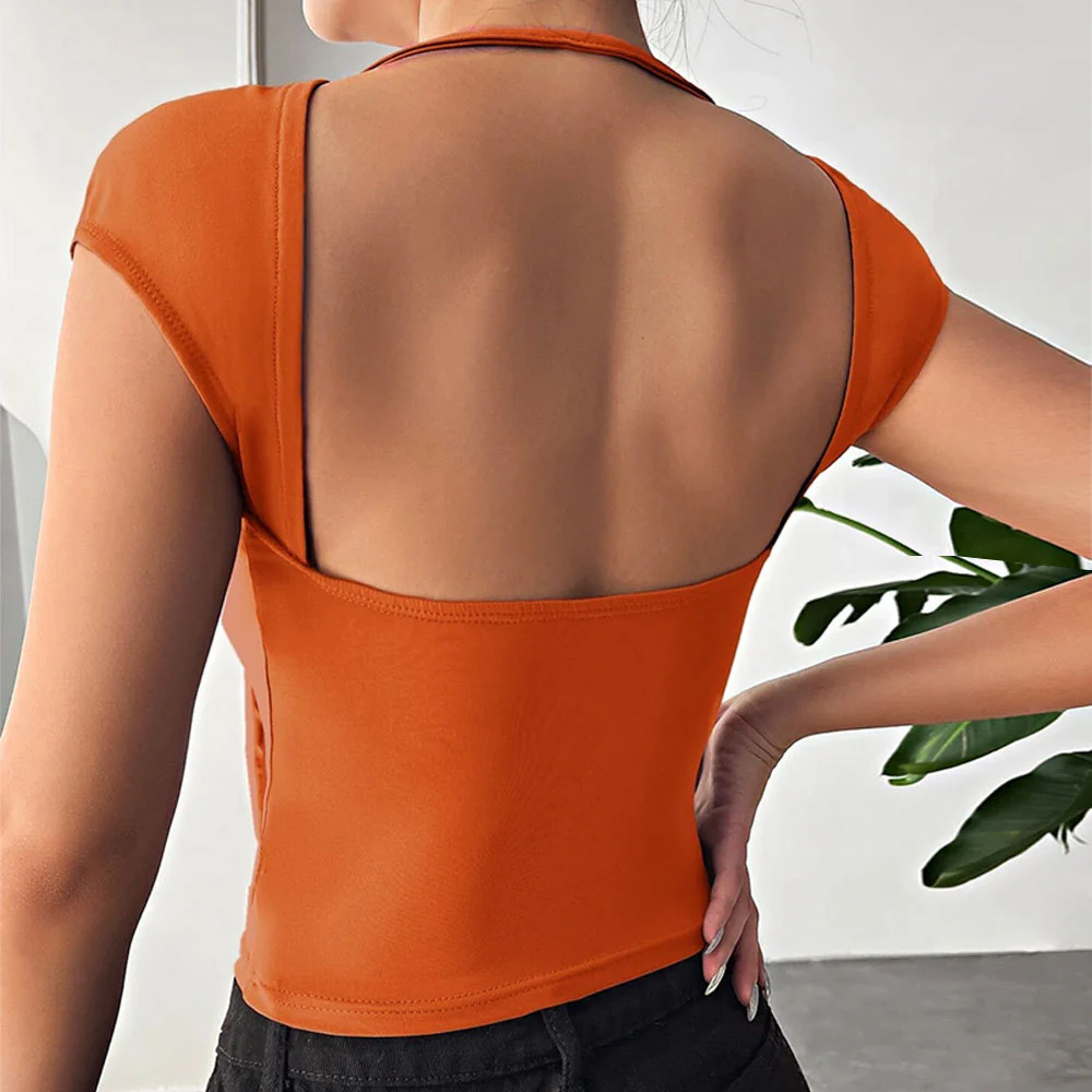 Orange Short Sleeve Back Cut Detail Top - Image 2