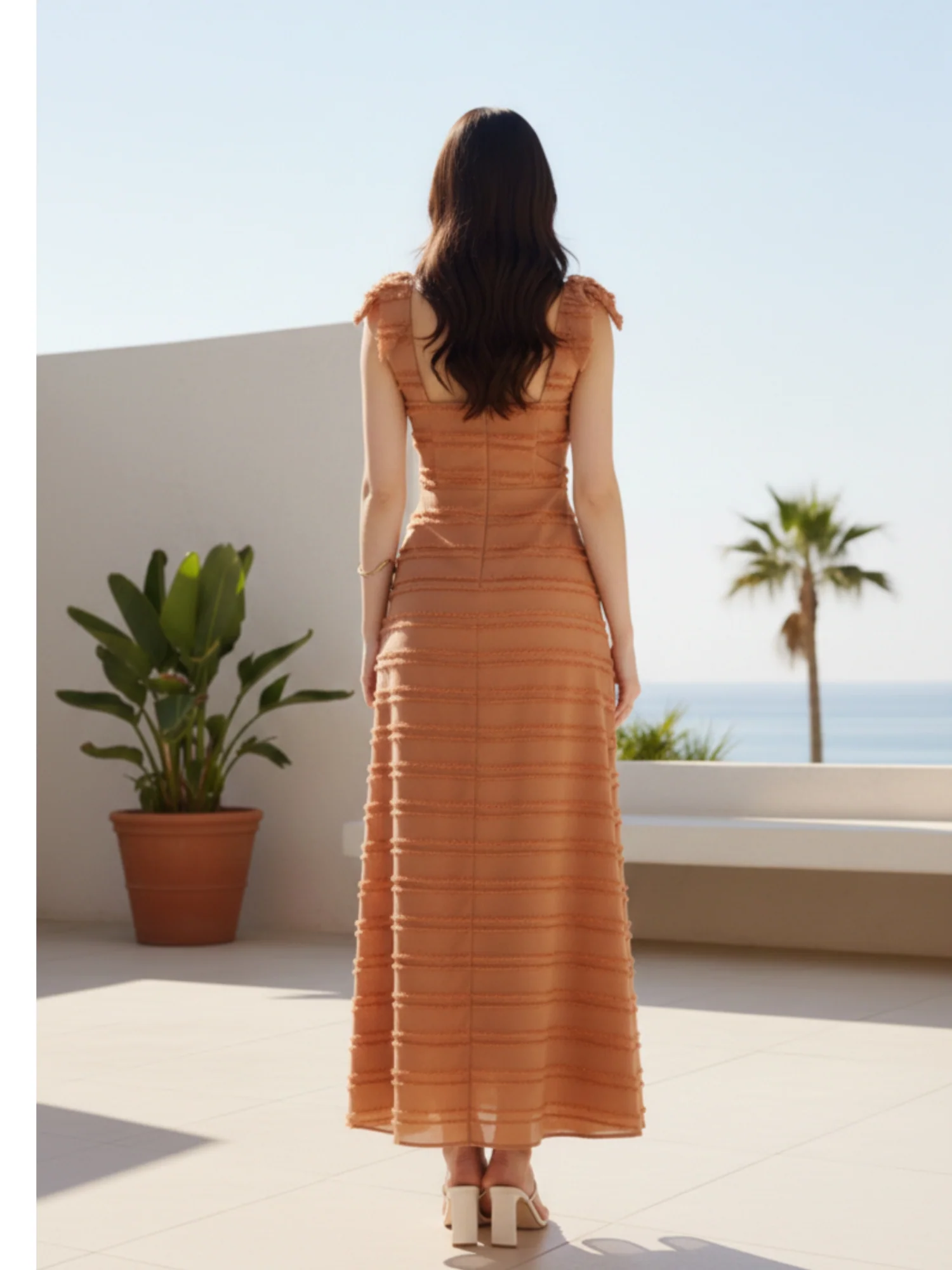 Orange Shoulder Tie-Up Textured Dress - Image 3