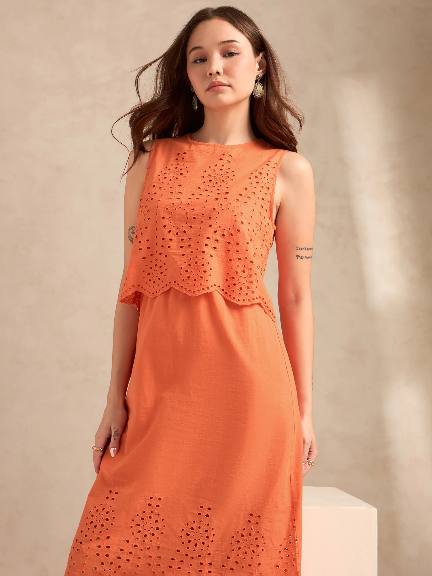 Orange Sleeveless Schiffli Maxi Dress - Image 2