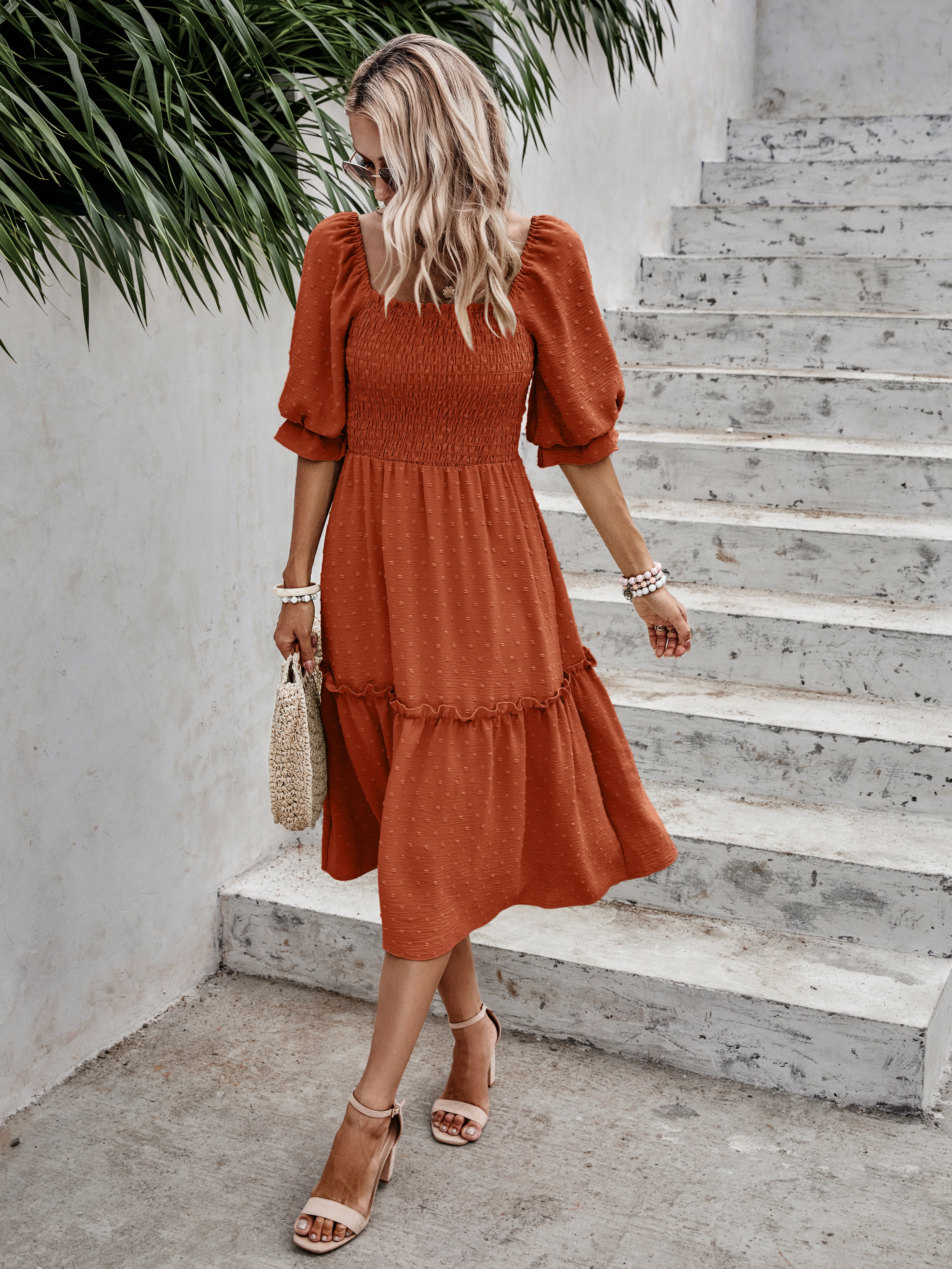 Orange Smocked Tiered Solid Dress