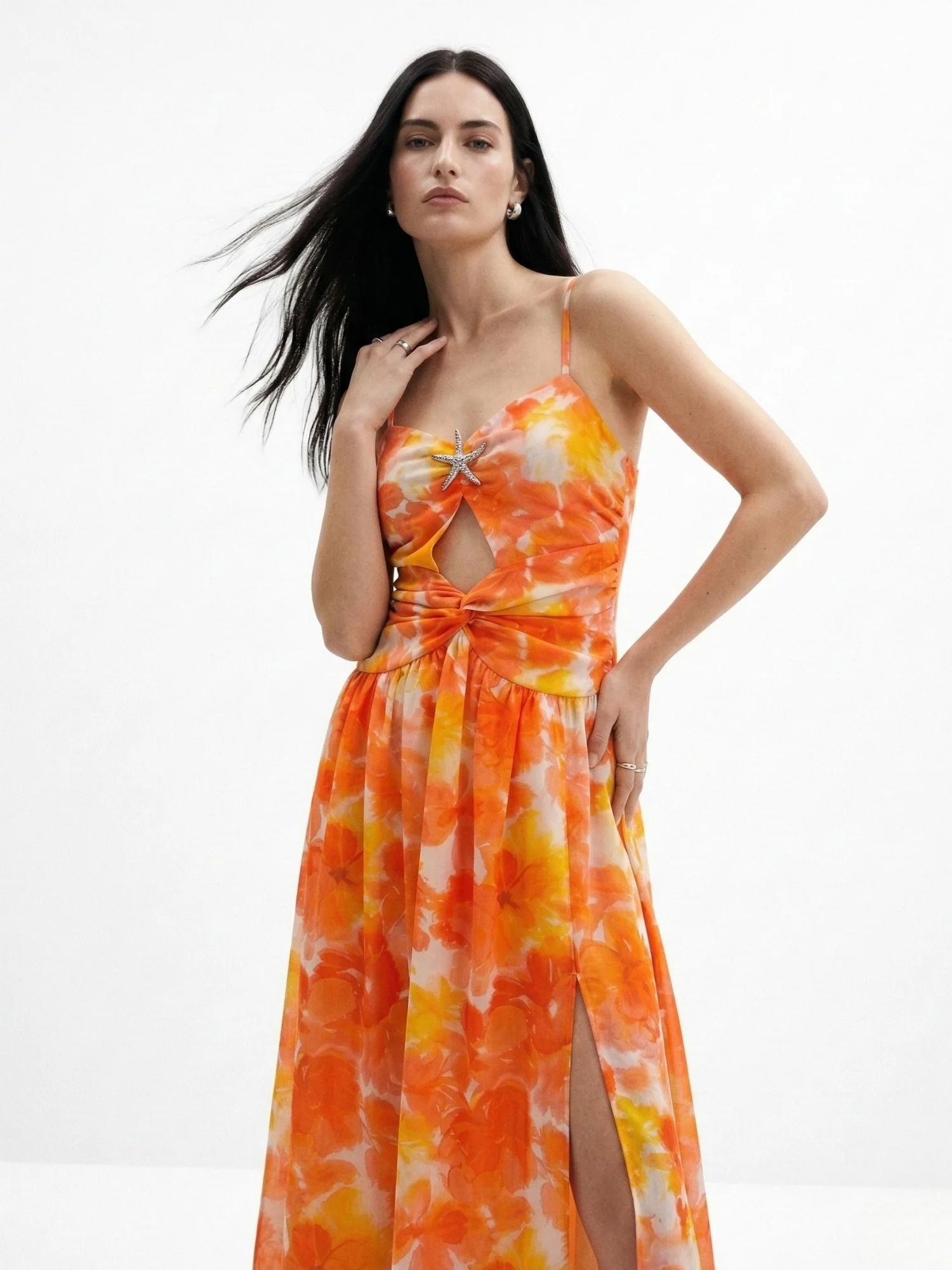 Orange Spaghetti Strap Floral Printed Dress - Image 4