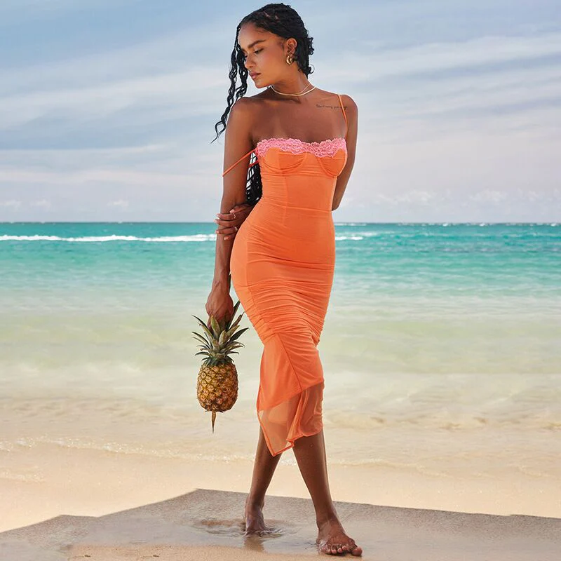 Orange Spaghetti Strap Lace Dress