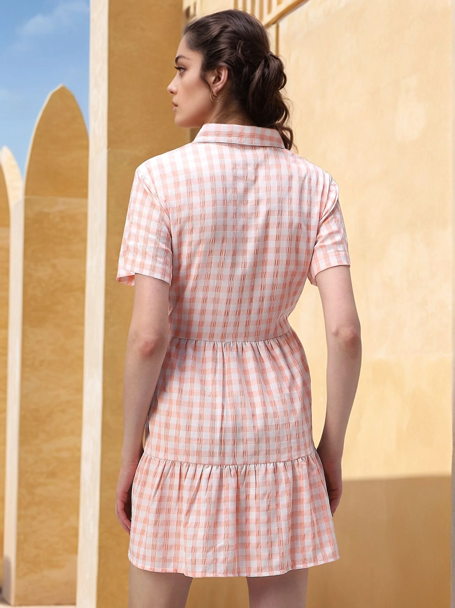 Peach Checkered Tiered Dress - Image 2