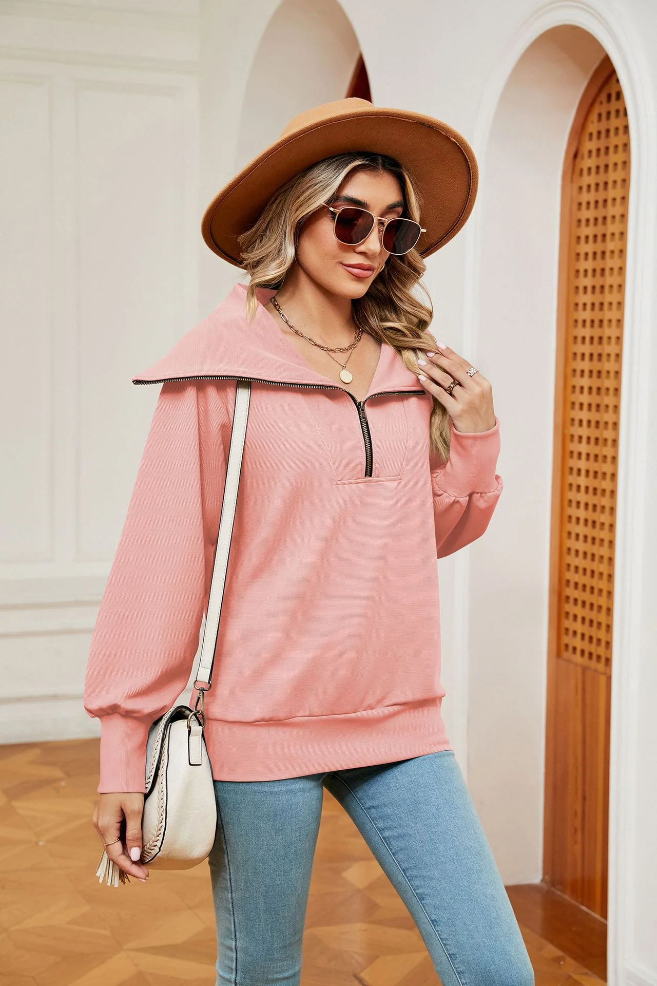 Peach Full Sleeves Big Collar Half Zip Sweatshirt - Image 3