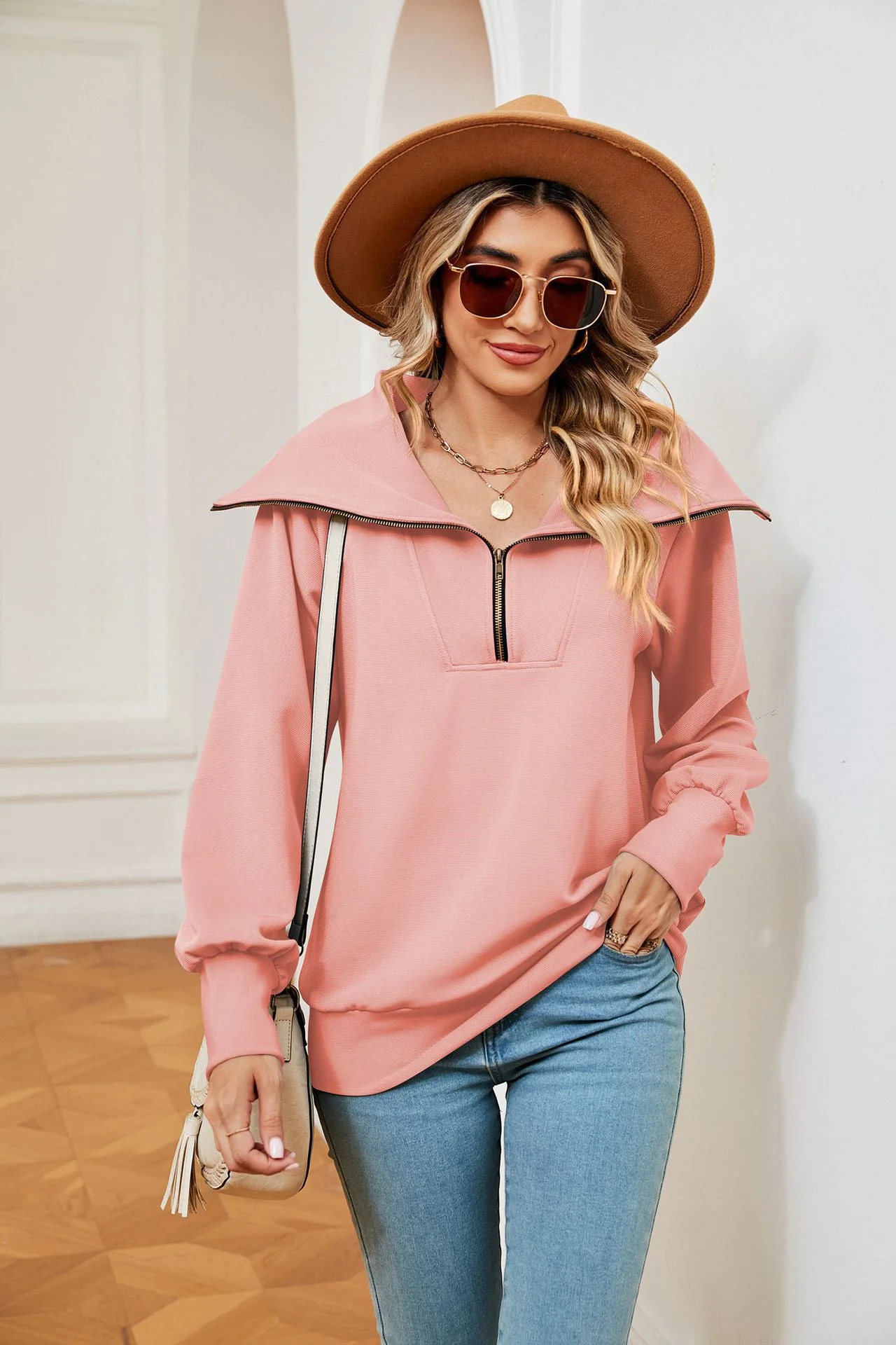 Peach Full Sleeves Big Collar Half Zip Sweatshirt - Image 4